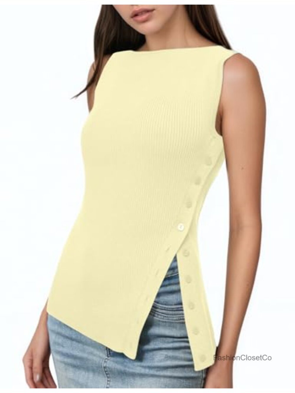 Women's Ribbed Knit Tank Top Boat Neck Sleeveless Side Button Vest